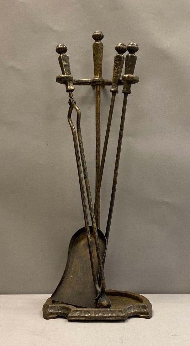 Antique Cahill Hammered Cast Iron Fireplace Tool Set (1 of 3)