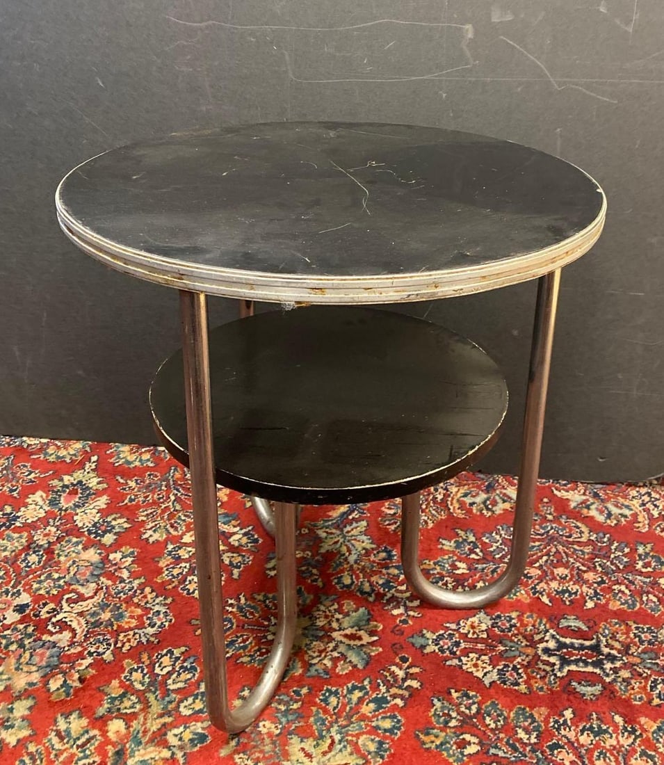 Vintage 1940s Bauhaus Modern Tiered Occasional Table: Measures H 25 x W 24 inches. No in house shipping, third party recommended.