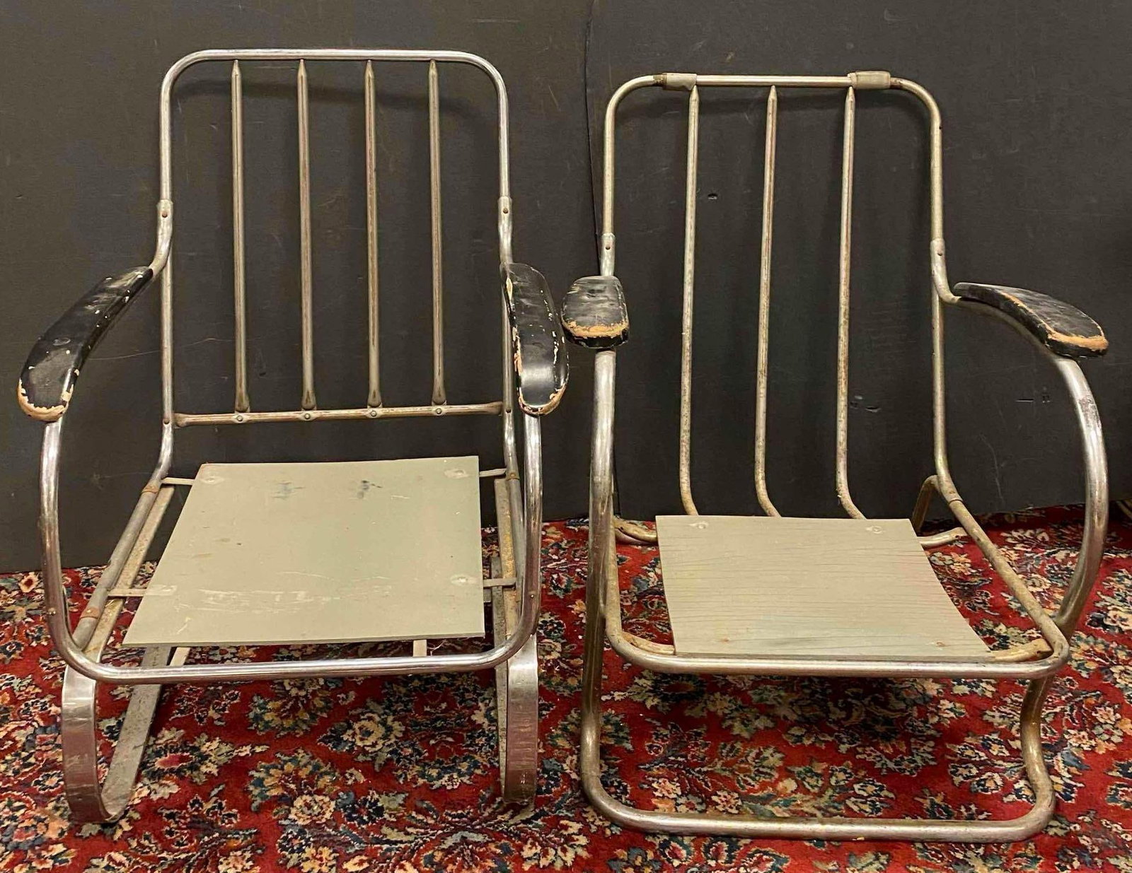 Group of 2 Antique 1930s Lloyd Art Deco Springer Chairs: One measures H 33 x W 24 x L 31 inches. No in house Shipping m, third party recommended.