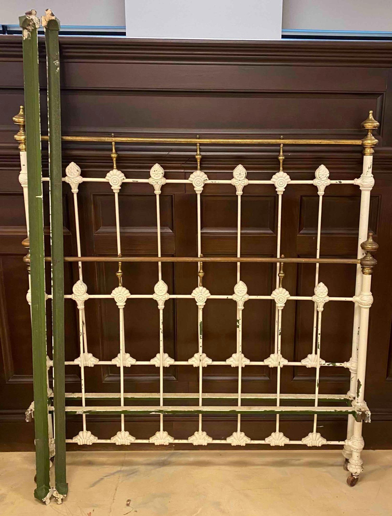 Antique Cast Iron Victorian Full Size Bed Frame: Includes side rails. No In house shipping, third party recommended. Was painted white at some point in time.