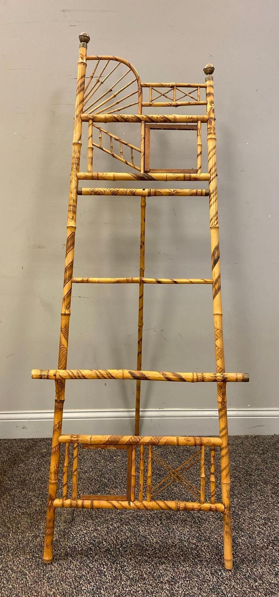 Antique Victorian Burnt Bamboo Artist Drawing Easel: Measures L 66 x W 20 inches. No in house Shipping, third party recommended.