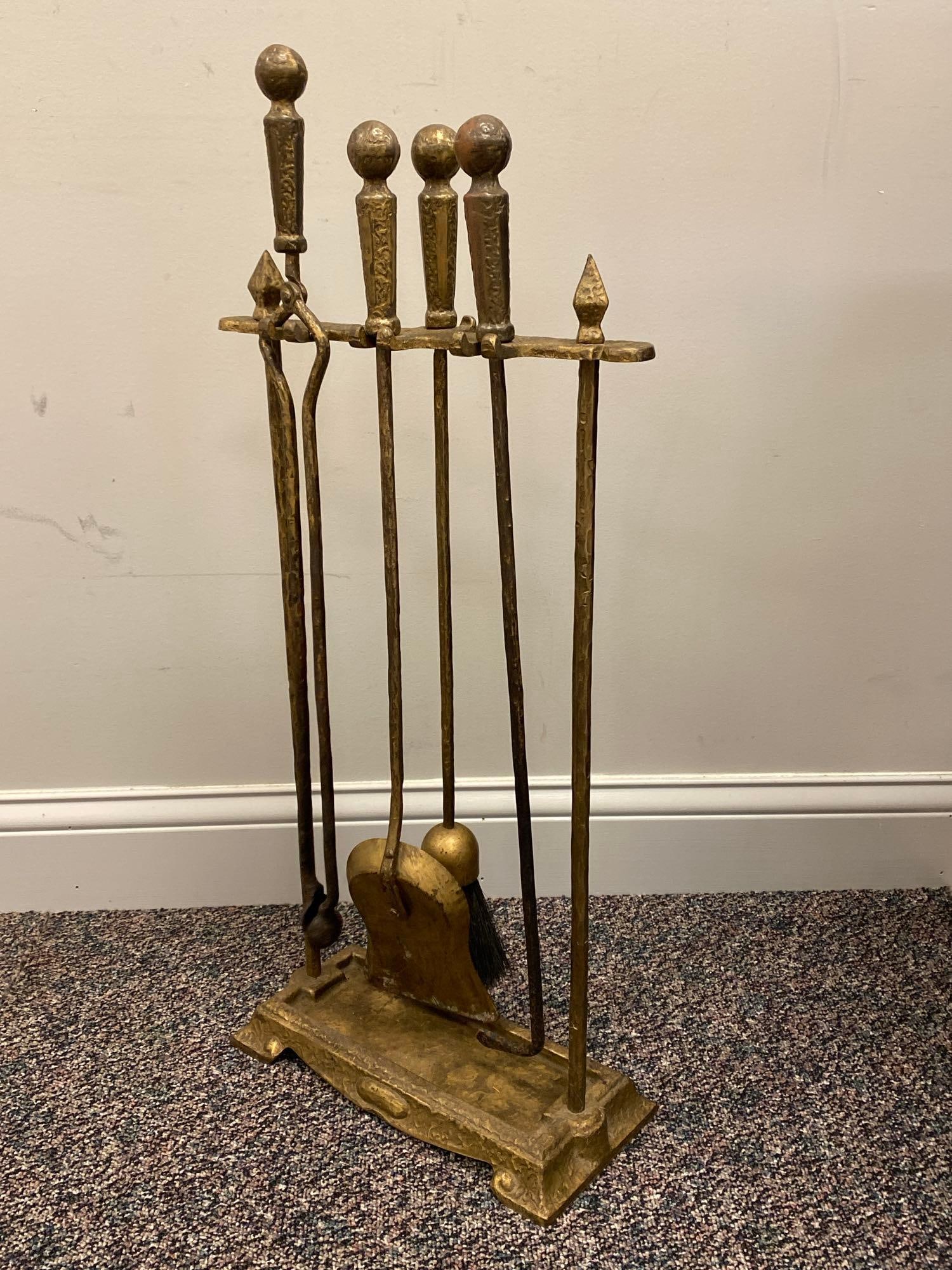 Antique Brass Fireplace Tool Set - 3