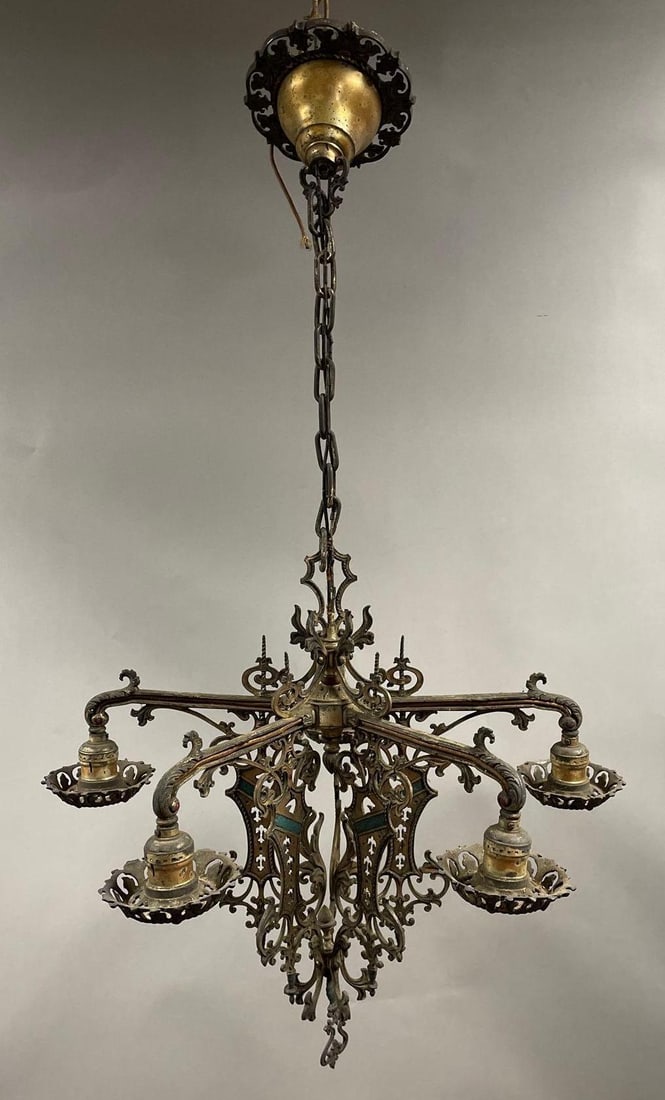 Antique Neo-Gothic Polychrome 5 Arm Chandelier: Horse head and Fleur de Lis motif, measures 35" x 22"