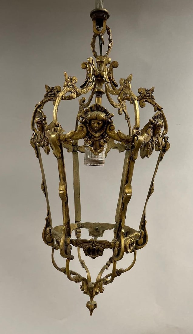 Antique Brass Cherubic Pendant Light Fixture: 6 panel, missing glass, measures 19" x 8"
