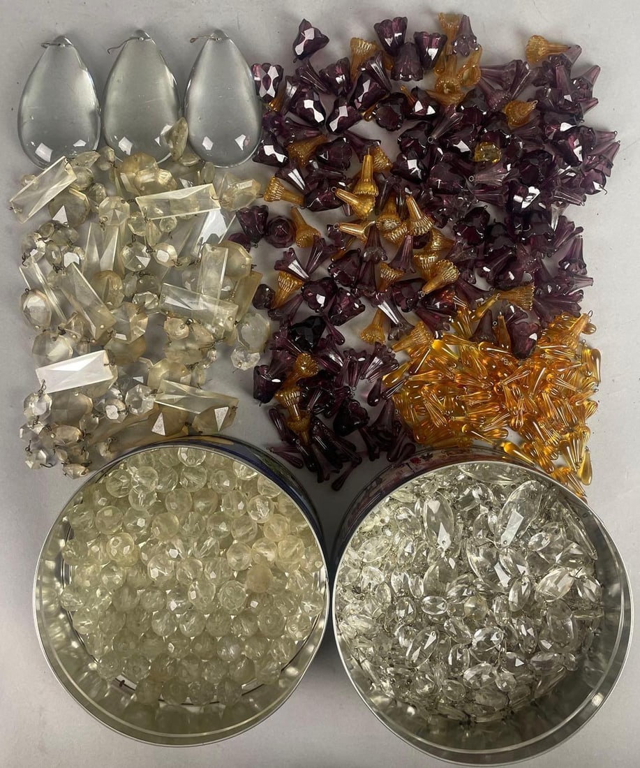 Group of Antique Chandelier Crystals and Colored Glass Beads: Large teardrops measure 4" x 2 1/2"