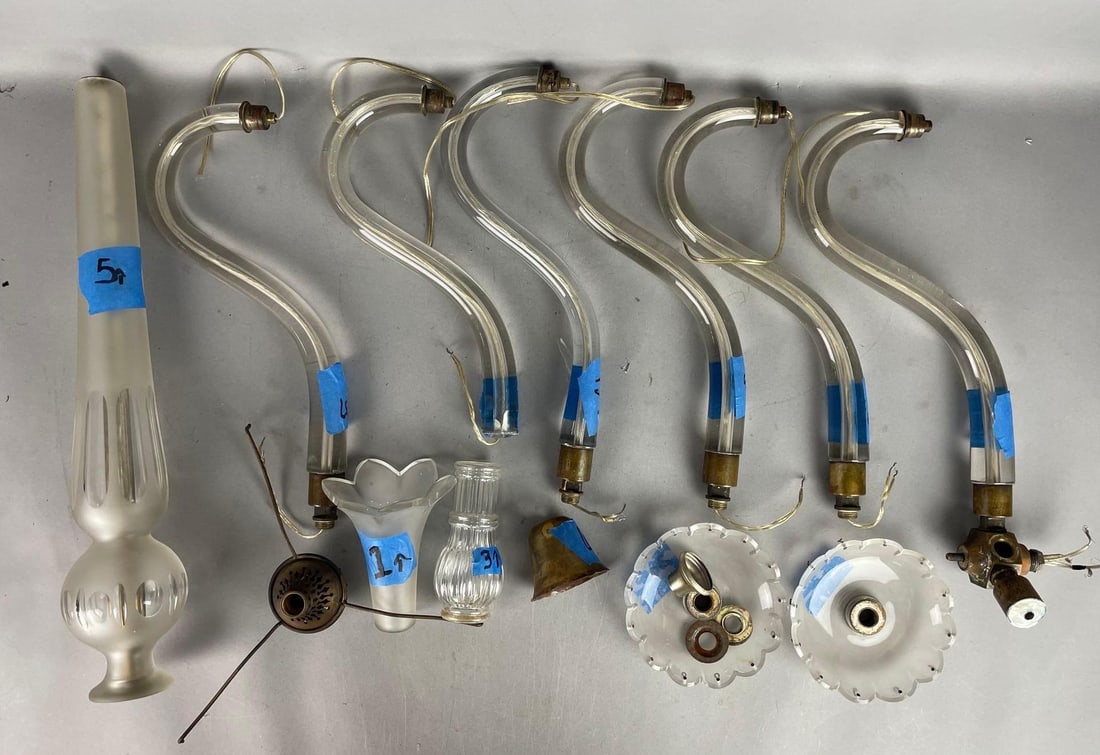 Group of Antique Glass Chandelier Parts: Includes 6 gooseneck arms, cut to clear body measures 20" x 3 1/2"