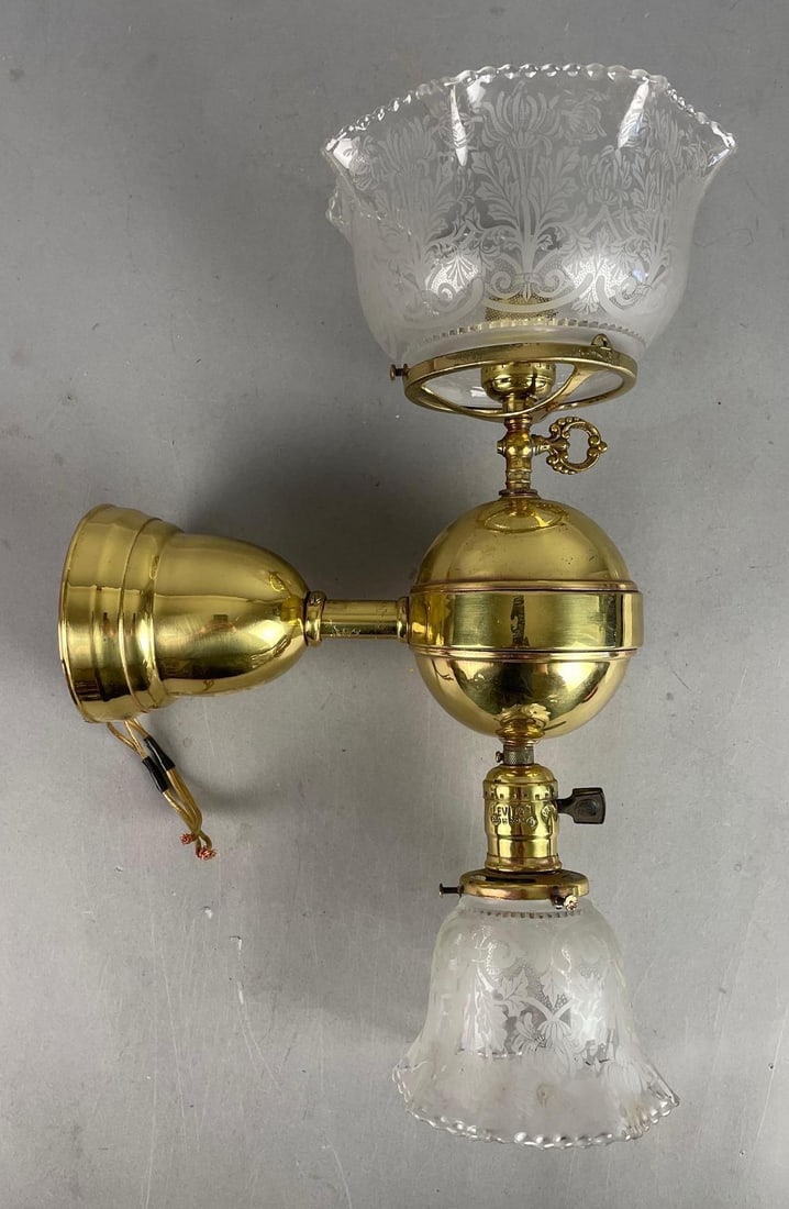 Antique Brass Gas / Electric Wall Sconce: Converted for both electric, etched glass floral shades, measures 11" x 4 1/2" x 10", 2 1/4" and 4" fitters