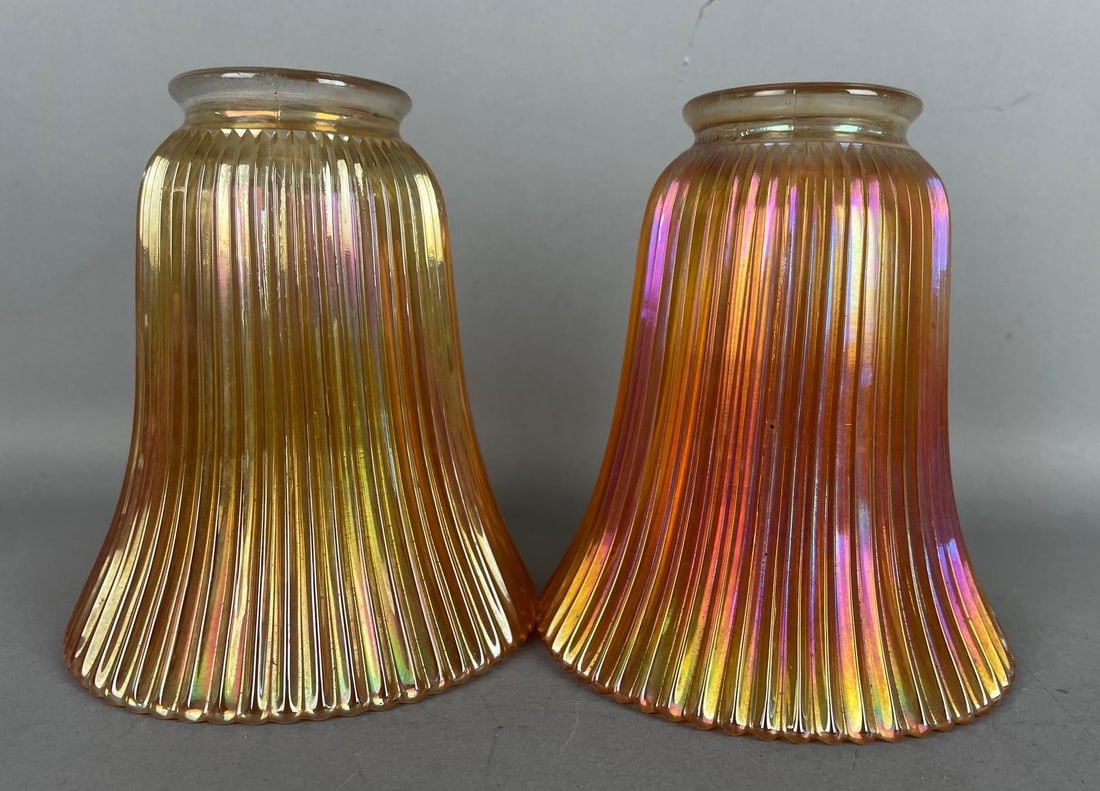 Group of 2 Antique Nuart Marigold Carnival Glass Lamp Shades (1 of 4)