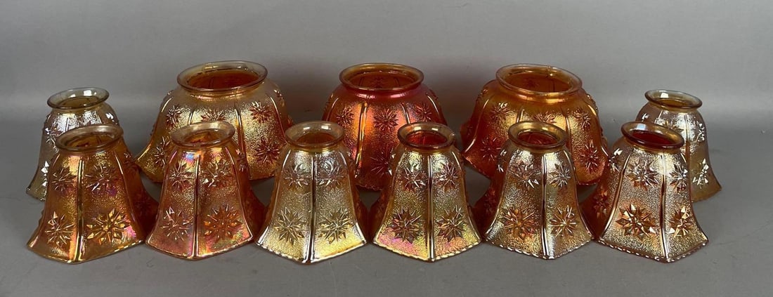 Group of Antique Star Pattern Marigold Carnival Glass Lamp Shades (1 of 3)