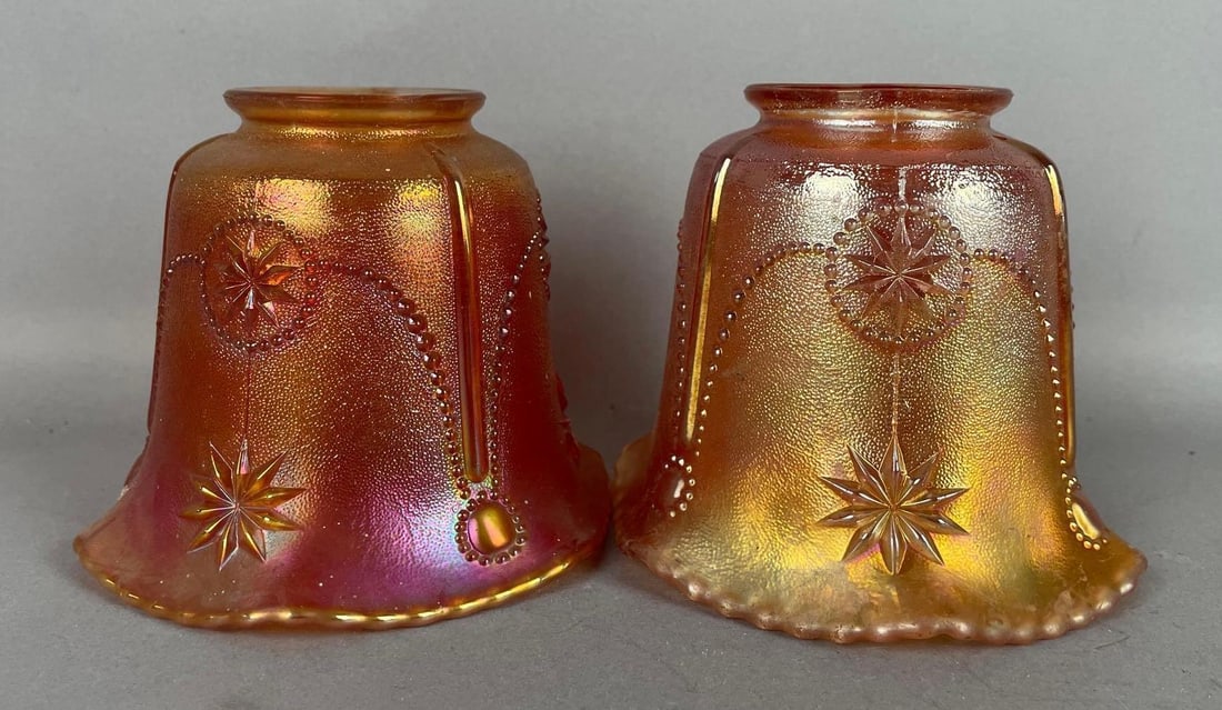 Group of 2 Antique FlStar Pattern Marigold Carnival Glass Lamp Shades (1 of 3)