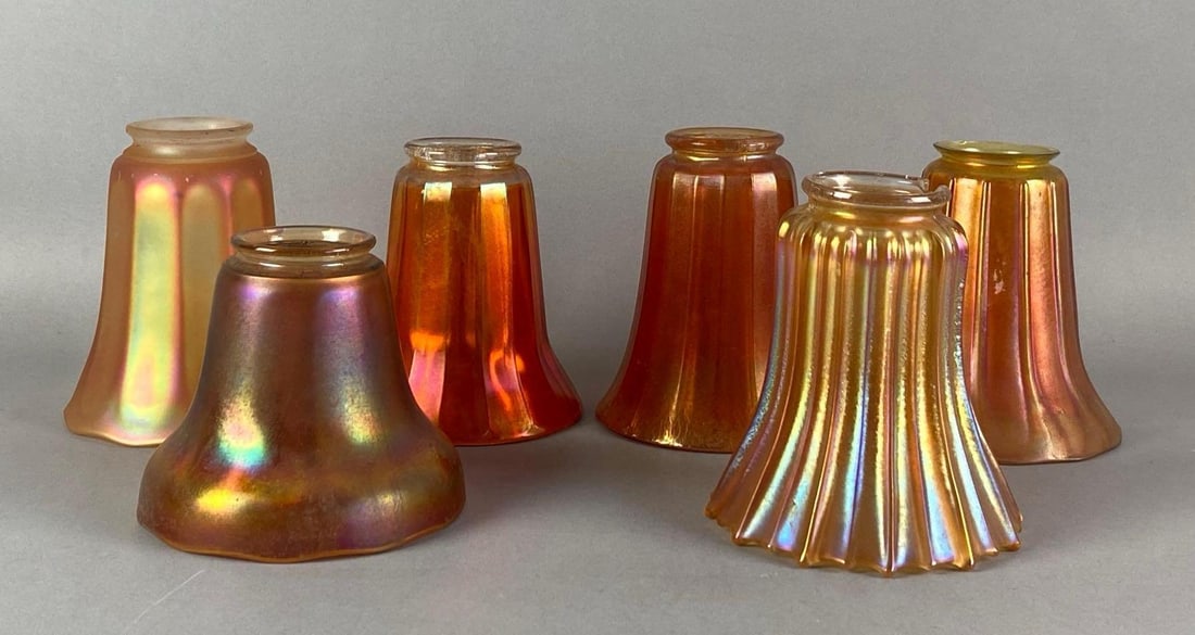 Group of 6 Antique Gold Aurene Art Glass Lamp Shades: some chips and fleabites, largest measures 5 1/2 inches H x 4 3/4 inches W with a 2 inches fitter