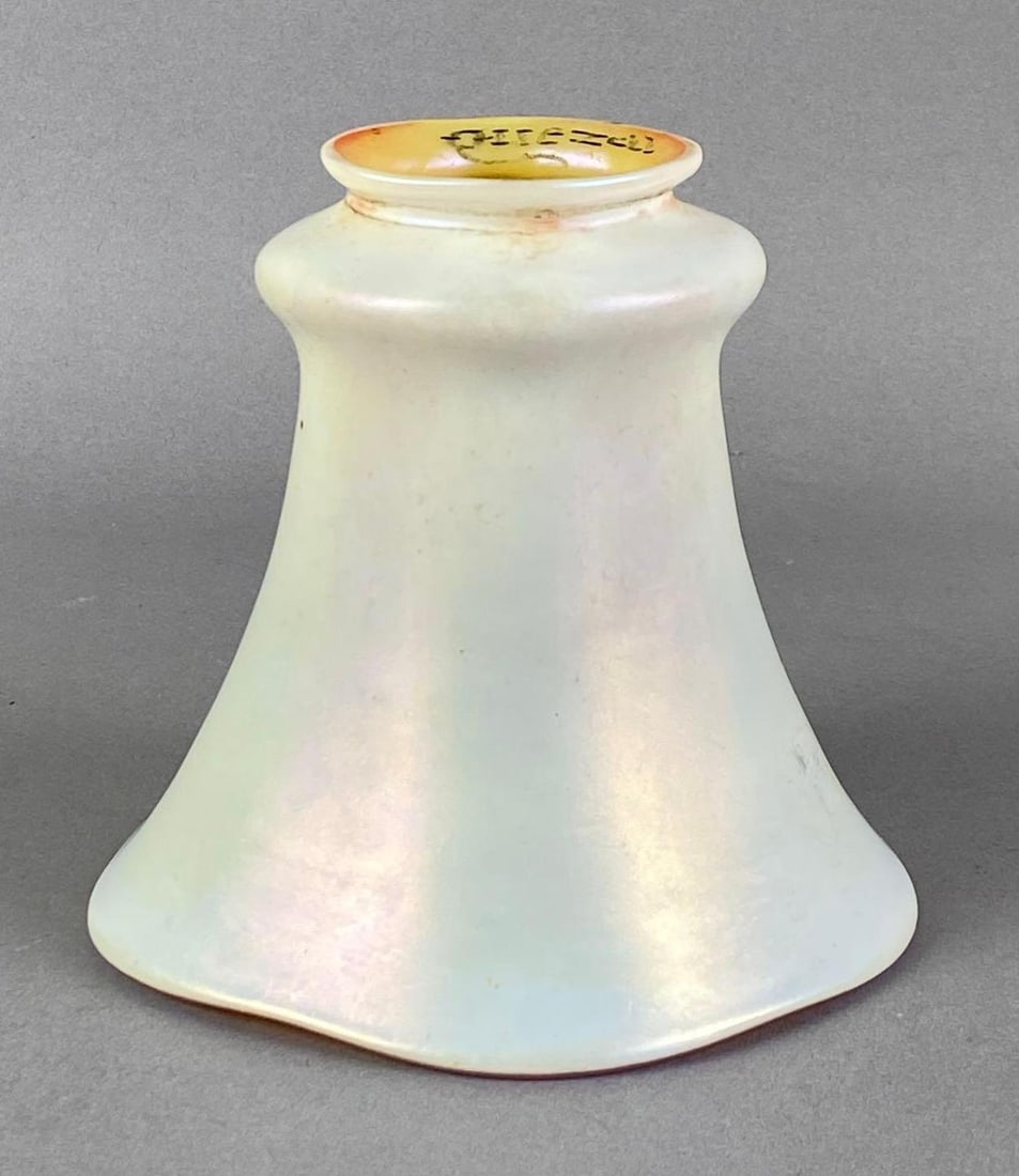 Antique Quezal Cased Iridescent White Gold Art Glass Lamp Shade: Marked on fitter, Measures 4 1/2 inches H x 5 inches W with a 2 inches fitter