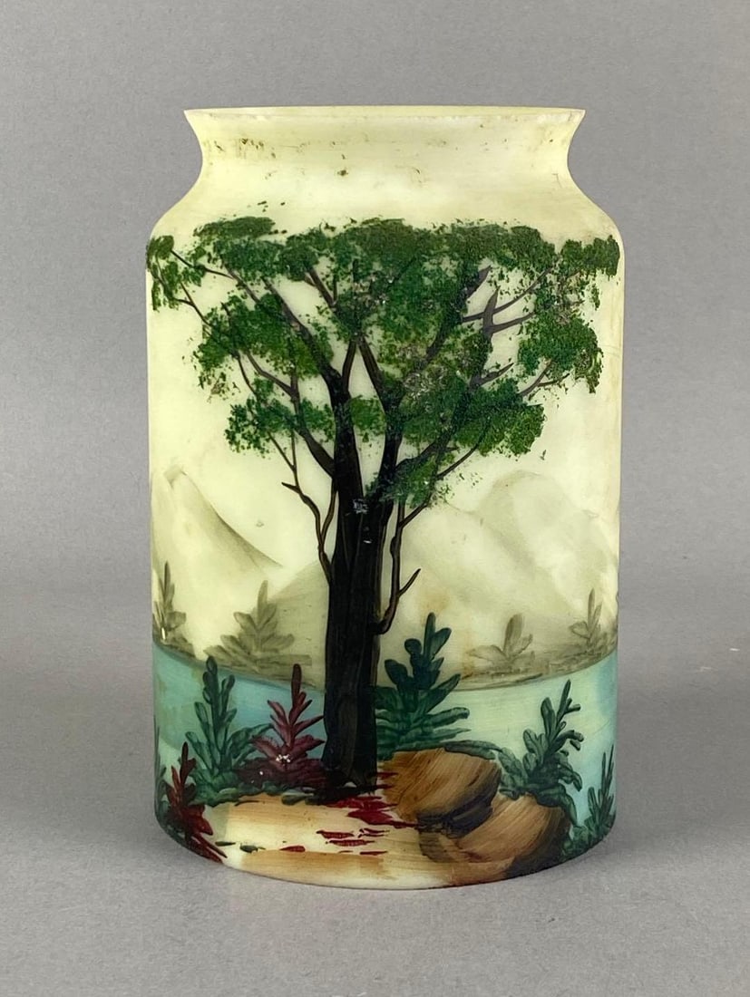 Antique Hand Painted Pictorial Vaseline Glass Lamp Shade: UV Reactive, fleabites along fitter, measures 6 inches H x 4 inches W with a 3 1/4 inches fitter