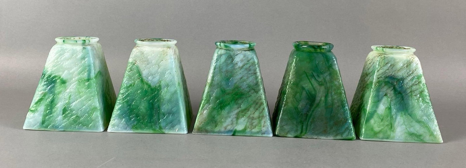 Group of 5 Green White Textured Slag Glass Lamp Shades: needs cleaning, each measures 4 1/4 inches H x 3 3/4 inches W with a 2 1/4 inches fittee