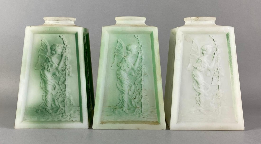 Group of 3 Opaque Art Nouveau Fairy Glass Lamp Shades: Each measures 7 1/2 inches H x 4 1/2 inches W with a 2 1/4 inches fitter
