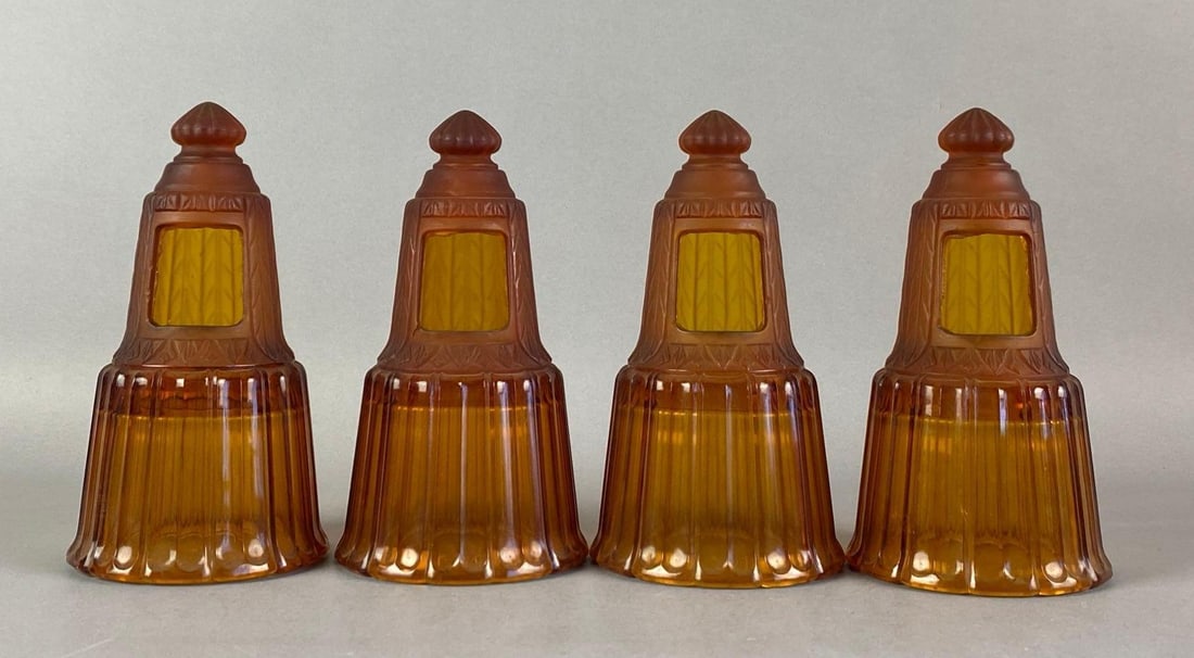 Group of 4 Antique Ribbed Amber Wall Sconce Art Glass Lamp Shades: Each measures 7 inches H x 4 inches W