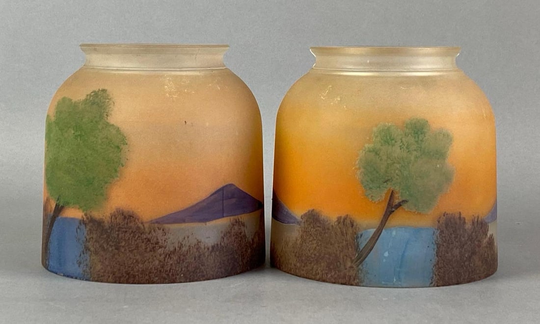 Group of 2 Hand Painted Frosted Glass Lamp Shades: Features a sunset river scene, Each measures 4 3/4 inches H x 4 3/4 inches W with a 3 1/4 inches fitter