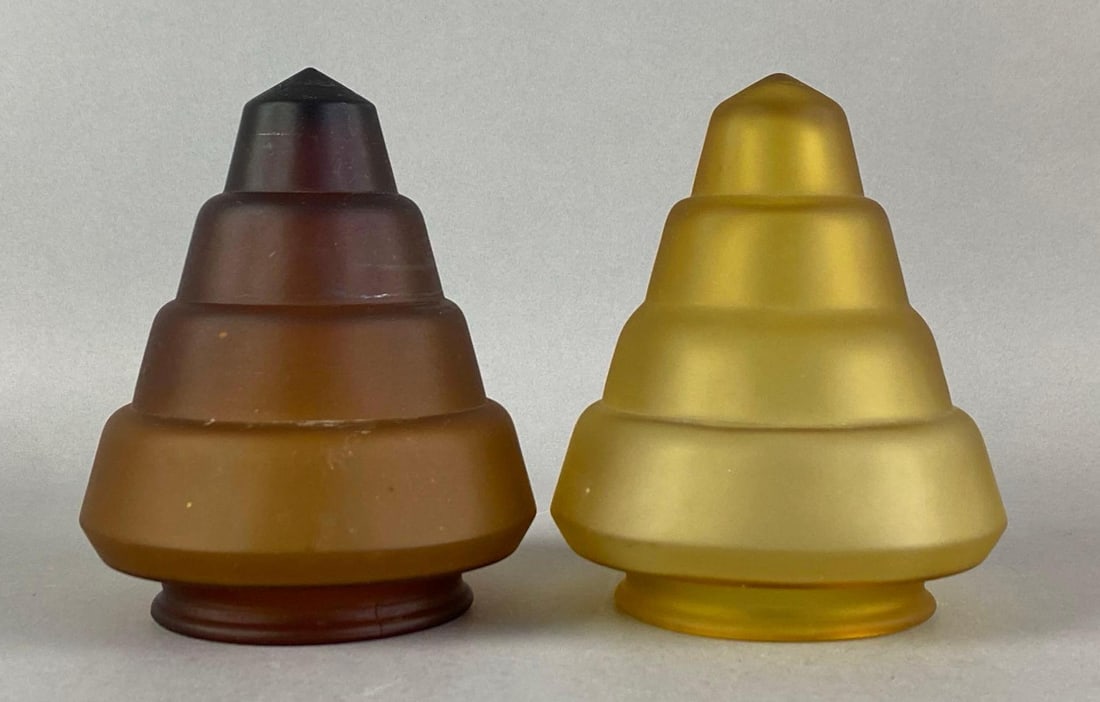 Group of 2 Antique Frosted Tiered Glass Lamp Shades: Each measures 5 1/2 inches H x 4 1/2 inches W with a 3 inches fitter