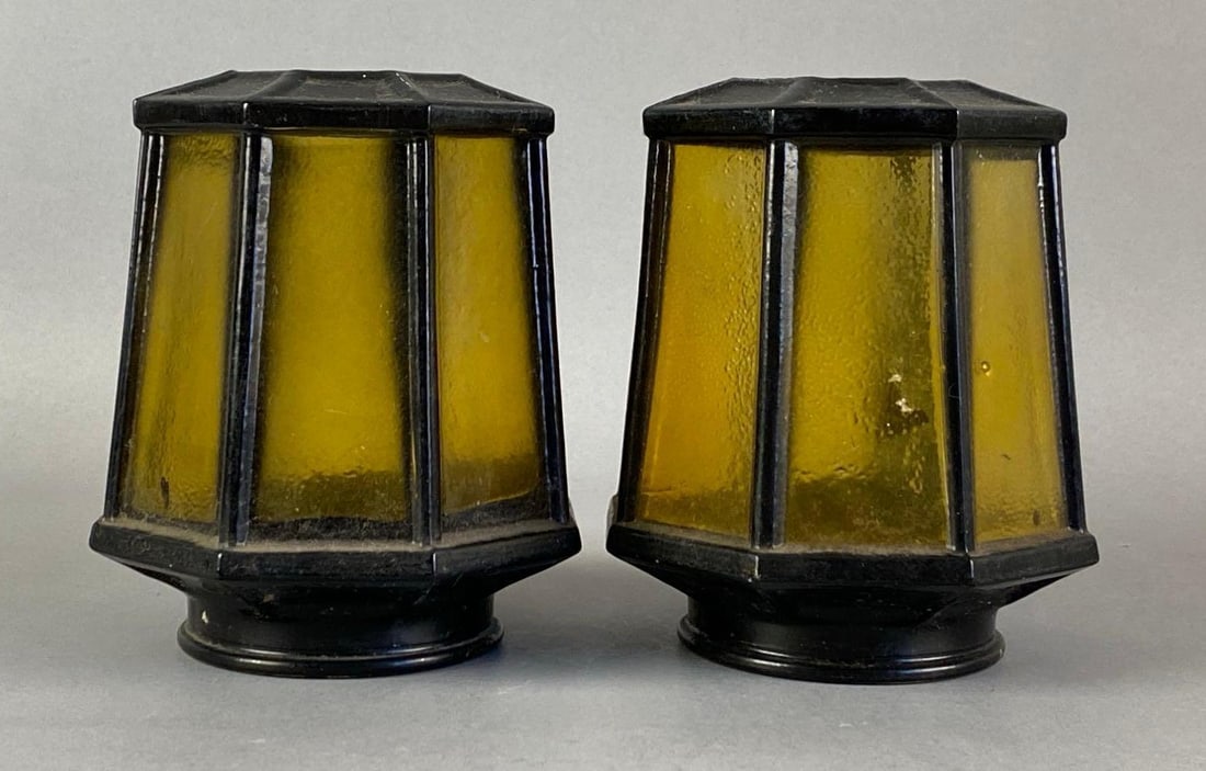 Group of 2 Antique Octagon Amber Glass Lamp Shades: Each measures 5 1/2 inches H x 4 1/2 inches W with a 3 inches fitter