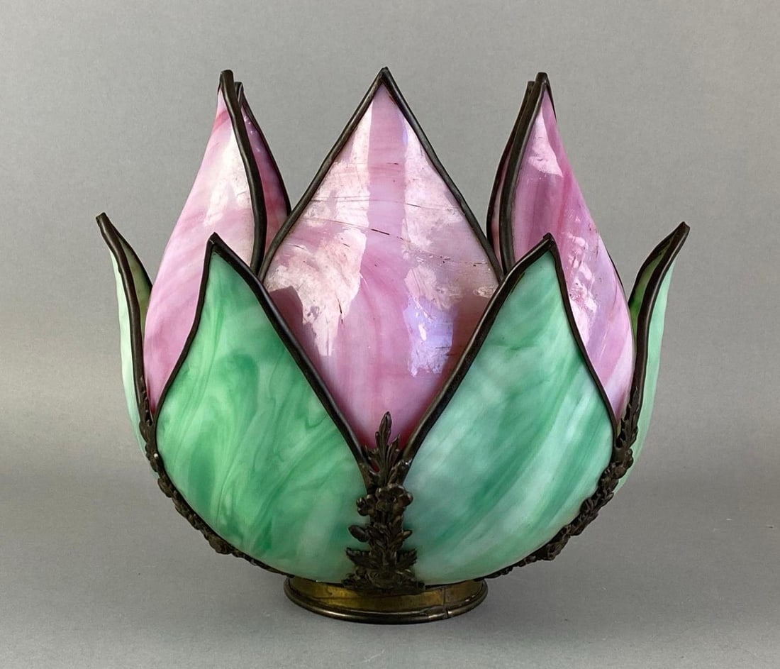 Antique Green Pink Slag Glass Tulip Lamp Shade (1 of 4)