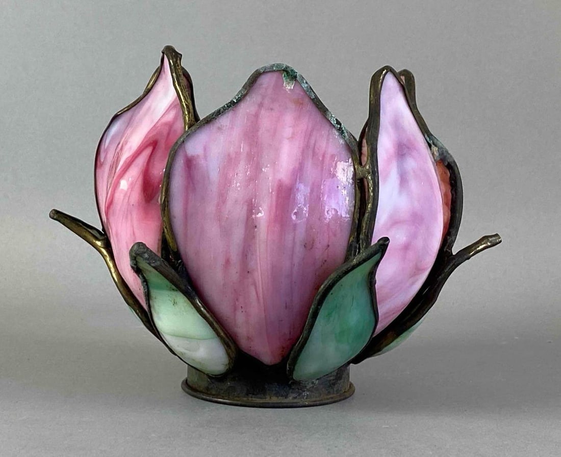 Antique Green Pink Slag Glass Tulip Lamp Shade (1 of 4)