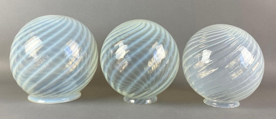Group of 3 Antique Opalescent Spiral Globe Glass Lamp Shades (1 of 3)