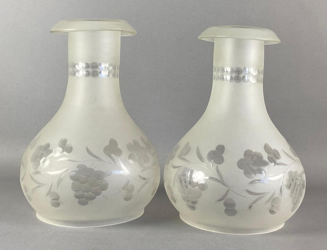 Group of 2 Antique Frosted Cut Grapevine Motif Glass Lamp Shades: Each measures 11 1/4 inches H x 8 inches W with a 6 inches Fitter