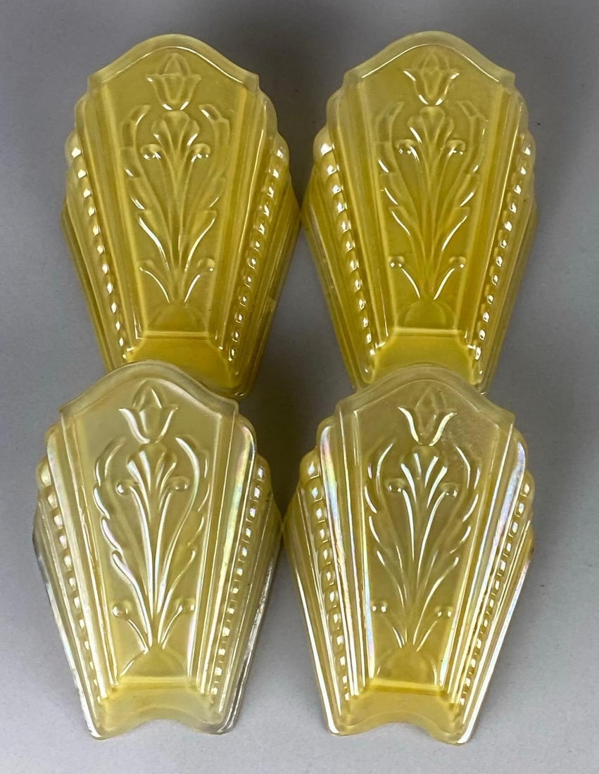 Group of 4 Art Deco Iridescent Glass Slip Sconce Lamp Shades: one measures 7 inches tall.
