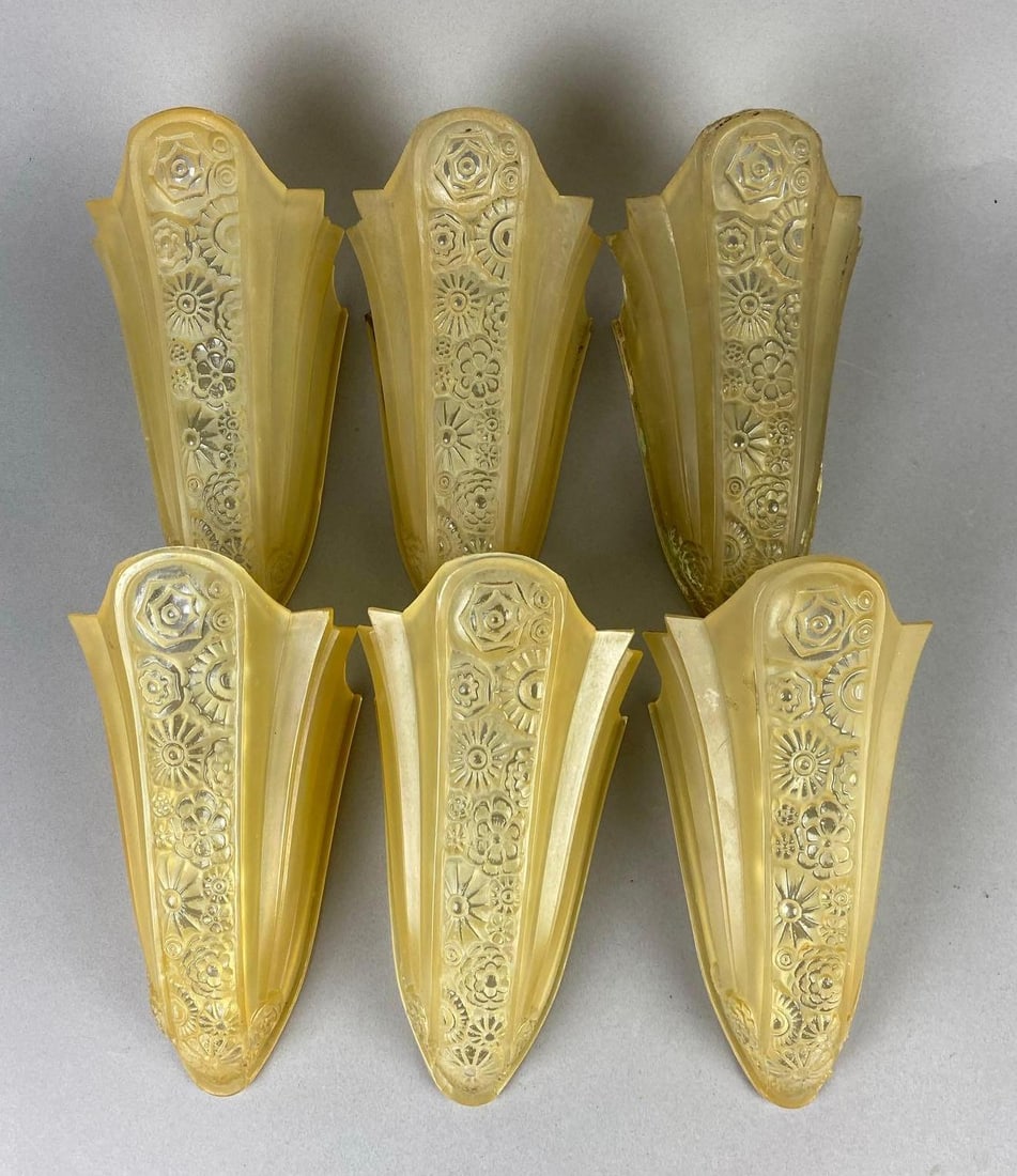 Group of 6 Art Deco Glass Slip Sconce Lamp Shades: One measures 7 inches tall. One has crack at base.
