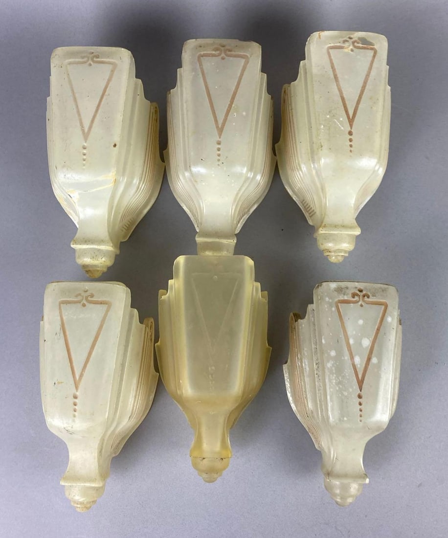 Group of 6 Antique Art Deco Froasted Glass Sconce Lamp Shades: One measures 7 inches tall.