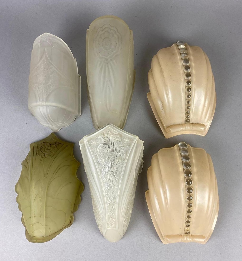 Group of 6 Antique 1930s Art Deco Slip Shades: Largest measures 6 inches tall.