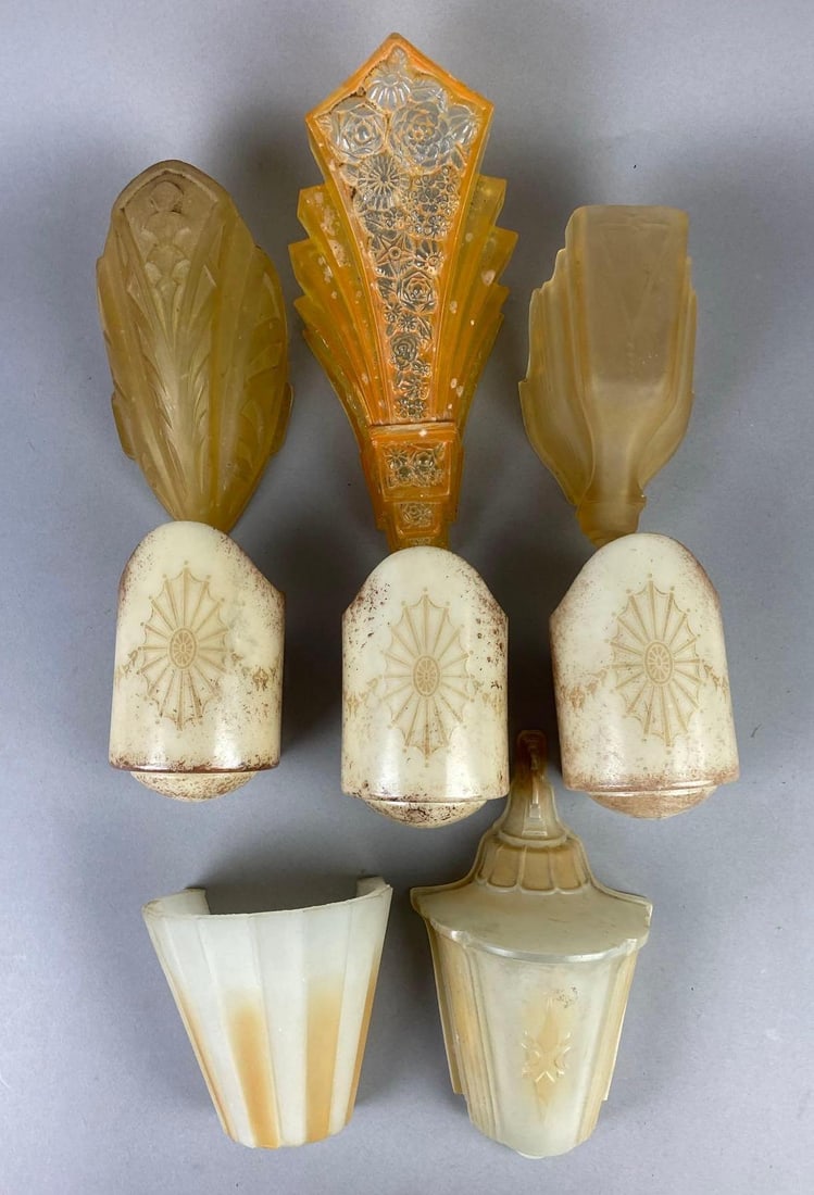 Group of 8 Antique 1930s Art Deco Slip Shades: Largest measures 9 inches tall.