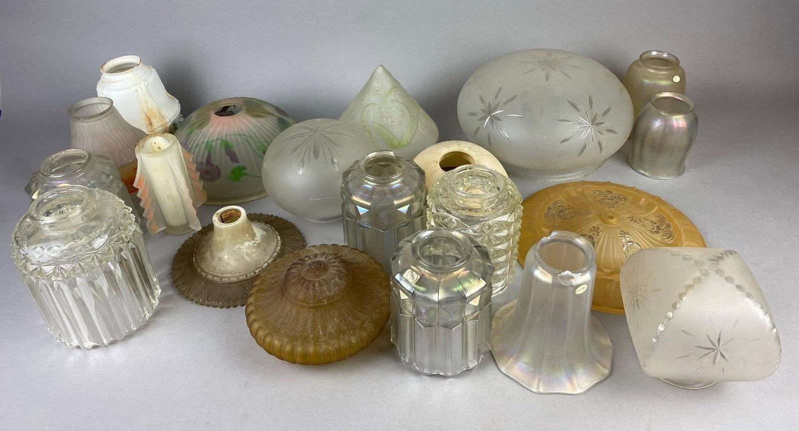Group of Etched Glass Globe Lamp Shades and More: Largest measures 8 inches in diameter. Some chips and cracks throughout.