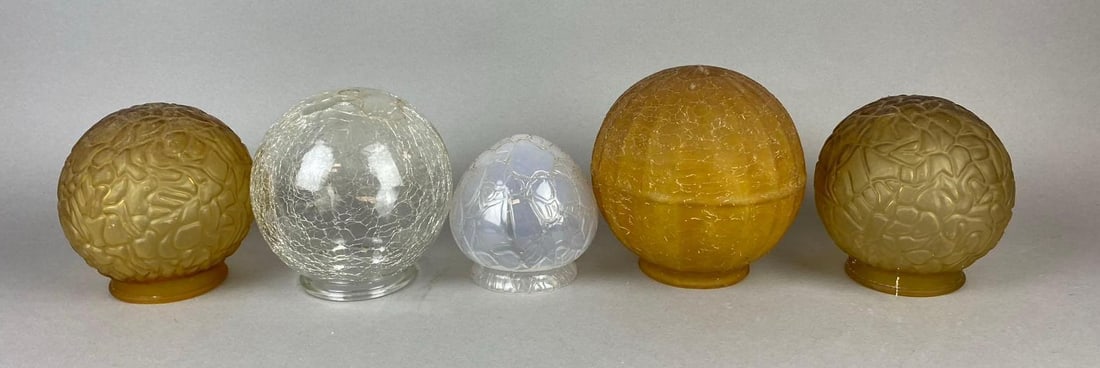 Group of 5 Antique 1930s Brain Style Art Deco Glass Lamp Shades: Includes amber, clear, and more. Largest measures 6 inches tall.