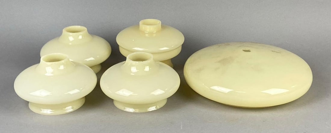 Group of 5 Antique 1930s Art Deco Custard Glass Chandelier Shades: Largest measures 9 inches in diameter.