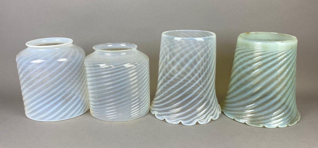 Group of 4 Antique Victorian Opalescent Swirl Glass Lamp Shades (1 of 3)