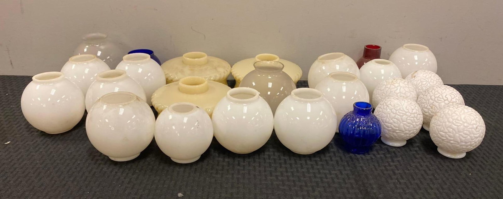 Group of Antique Colored Globe Shaped Glass Lamp Shades and More: Includes some etched, frosted glass, and more. Chips and cracks throughout. Largest measures 6 inches tall.