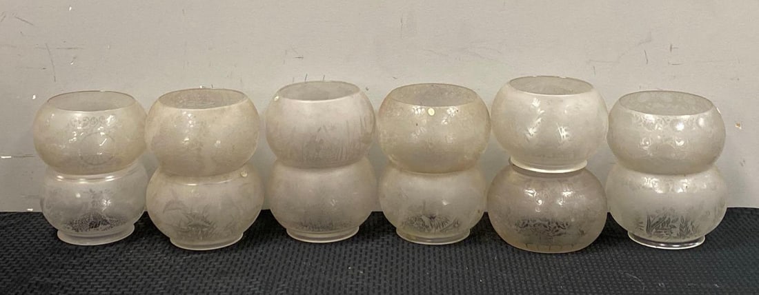 Group of 12 Antique Floral Etched Frosted Glass Lamp Shades: Some fleabites throughout, largwst measures 60 H x 7 inches W with a 4 inches fitter
