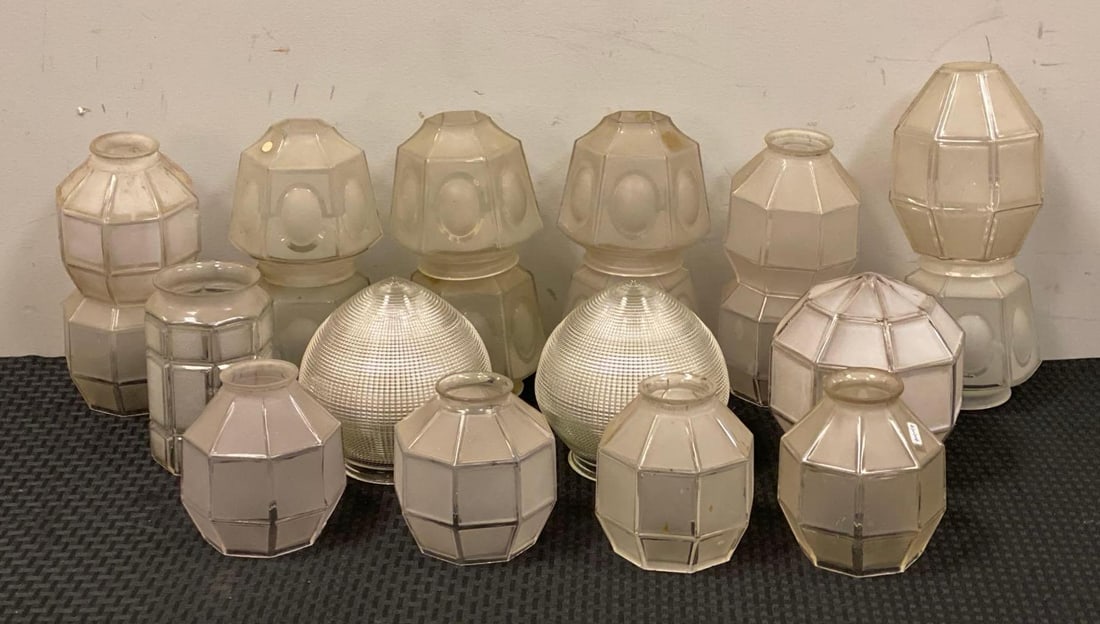 Group of Antique Frosted Paneled Glass Lamp Shades and Morw: Included 2 pressed Glass shades, largest measures 7 inches H x 6 inches W with a 3 inches fitter