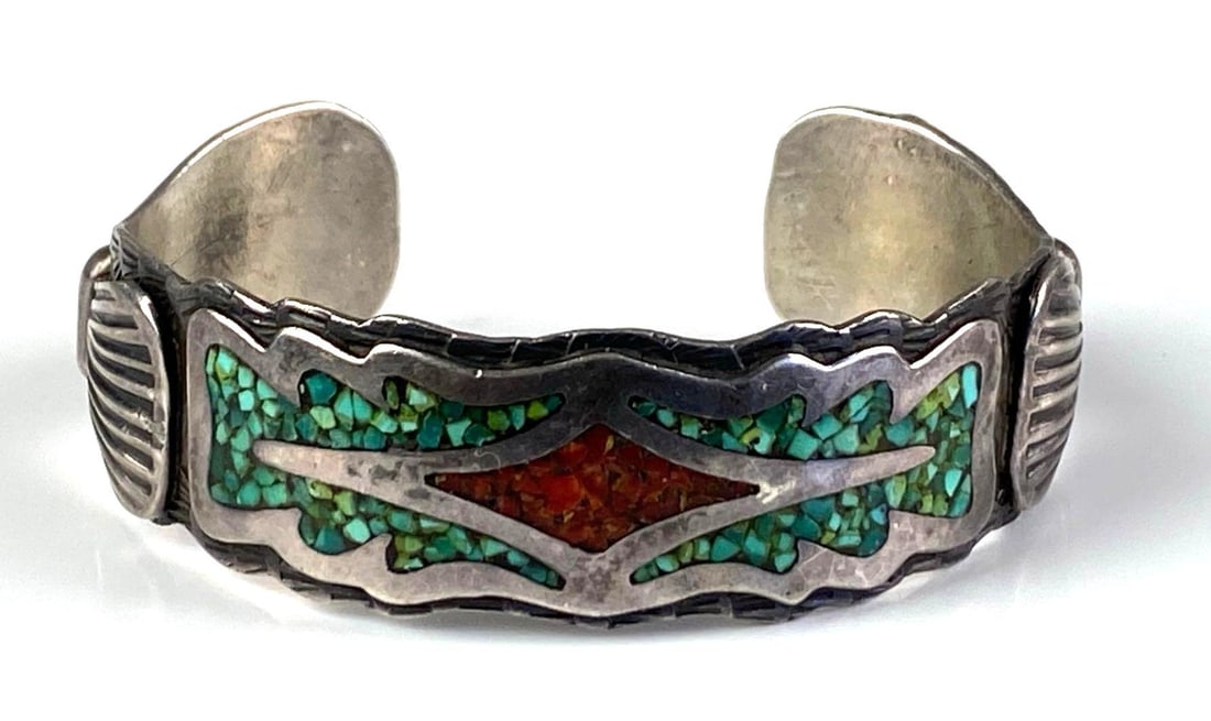 Steeling Silver Turquoise Coral Cuff Bracelet (1 of 4)
