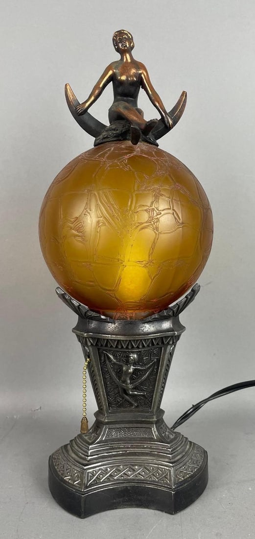 Art Deco Girl on the Moon Amber Glass Lamp (1 of 4)