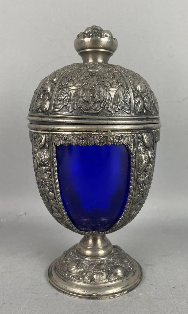 Vintage Ornate Spelter and Cobalt Glass Lidded Compote (1 of 4)