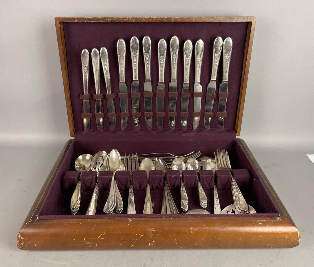 Set of Vintage Wm. Rogers Silver Plate Flatware: Includes some other brands, incomplete set of Rogers, wood case measures 12 inches x 18 1/4 inches x 3 1/2 inches