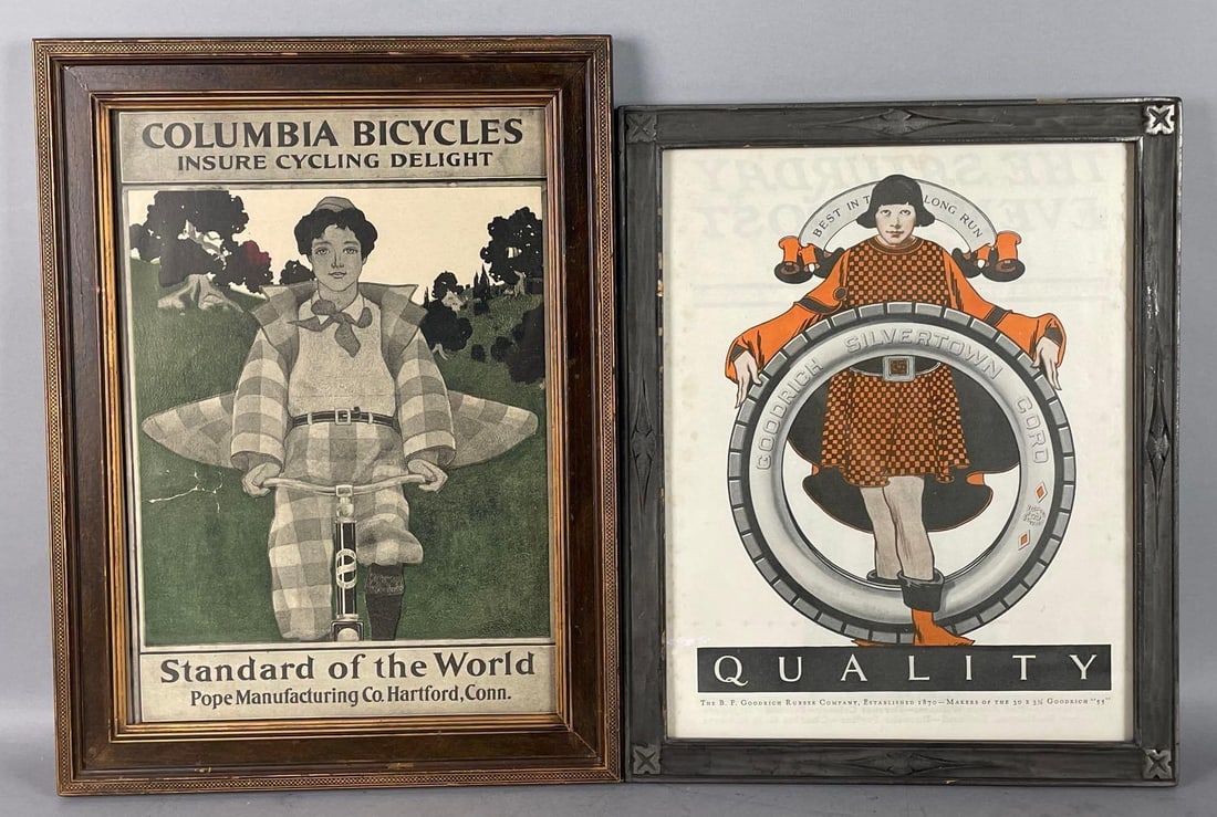 Group of 2 Vintage Maxfield Parrish Advertising Lithographs: Includes Columbia bicycles, BF Goodrich tires, taller frame measures 17 1/4 inches x 13 inches