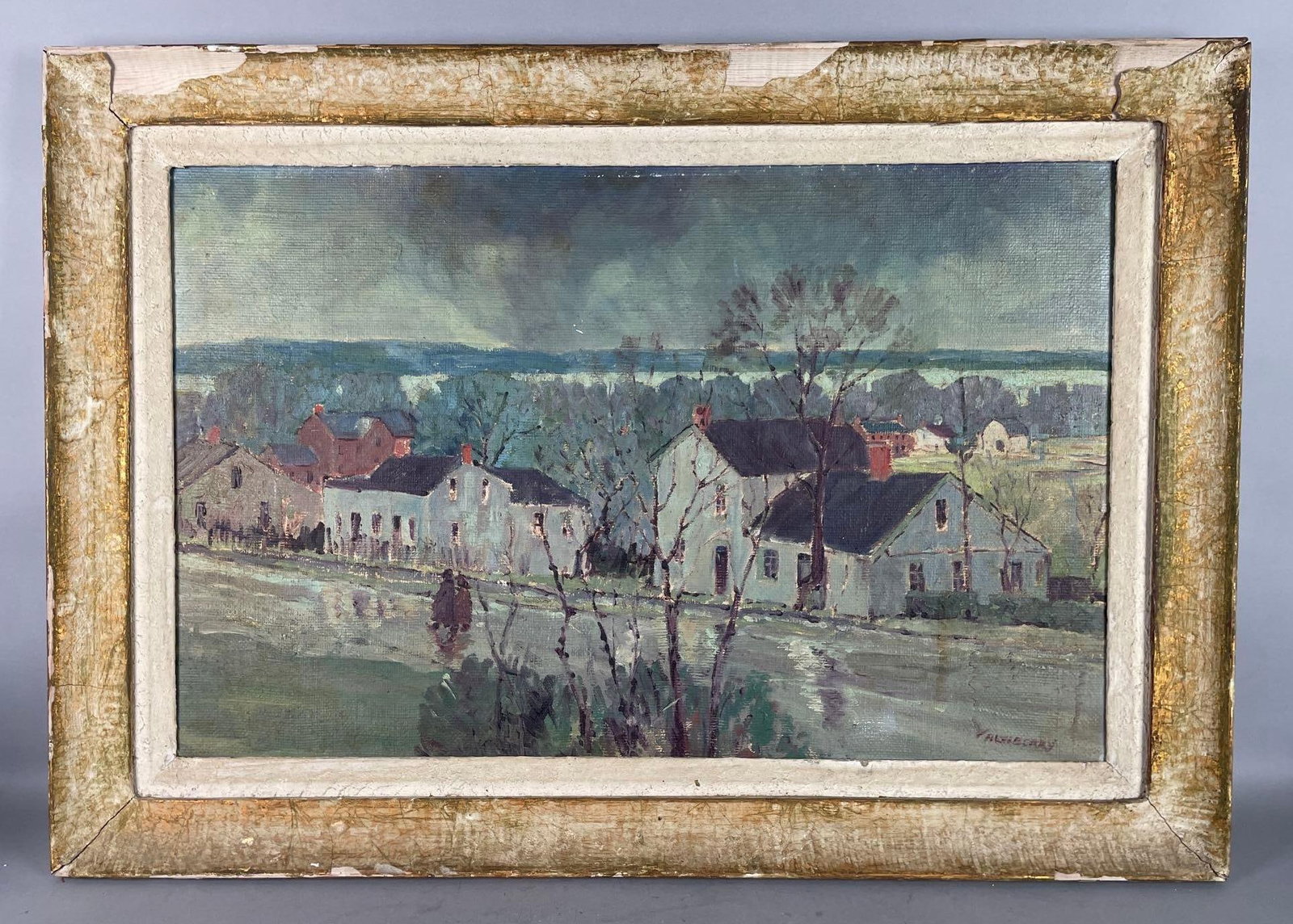 Antique Newberry Signed Village Scene Impressionist Oil Painting on Board: Signed Newberry in corner, gilded frame chipping heavily, board measures 18 inches x 28 1/2 inches, frame measures 23 3/4 inches x 34 inches