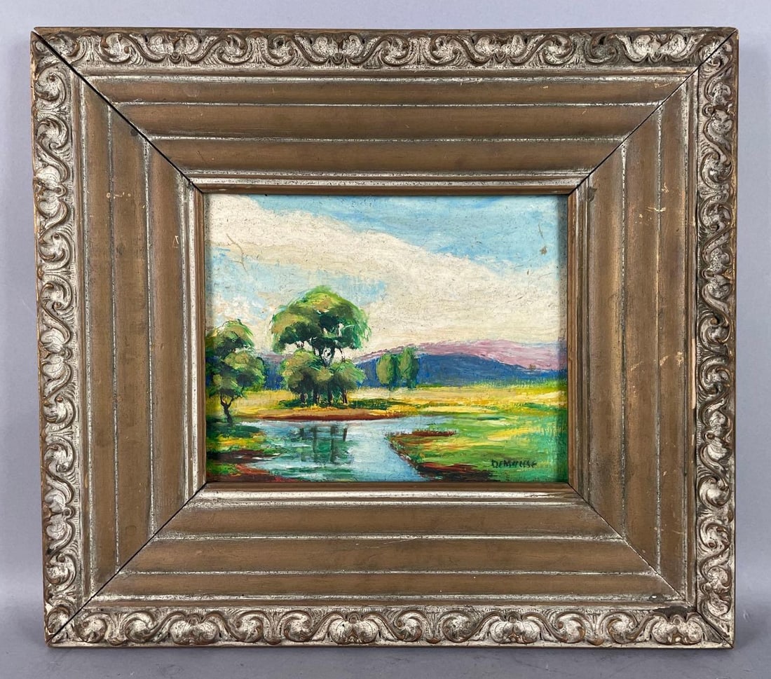 Antique Signed Pastoral River Landscape Oil Painting on Board: Possibly signed DeMause, board measures 8 inches x 10 inches, gilded frame measures 15 3/4 inches x 17 1/2 inches