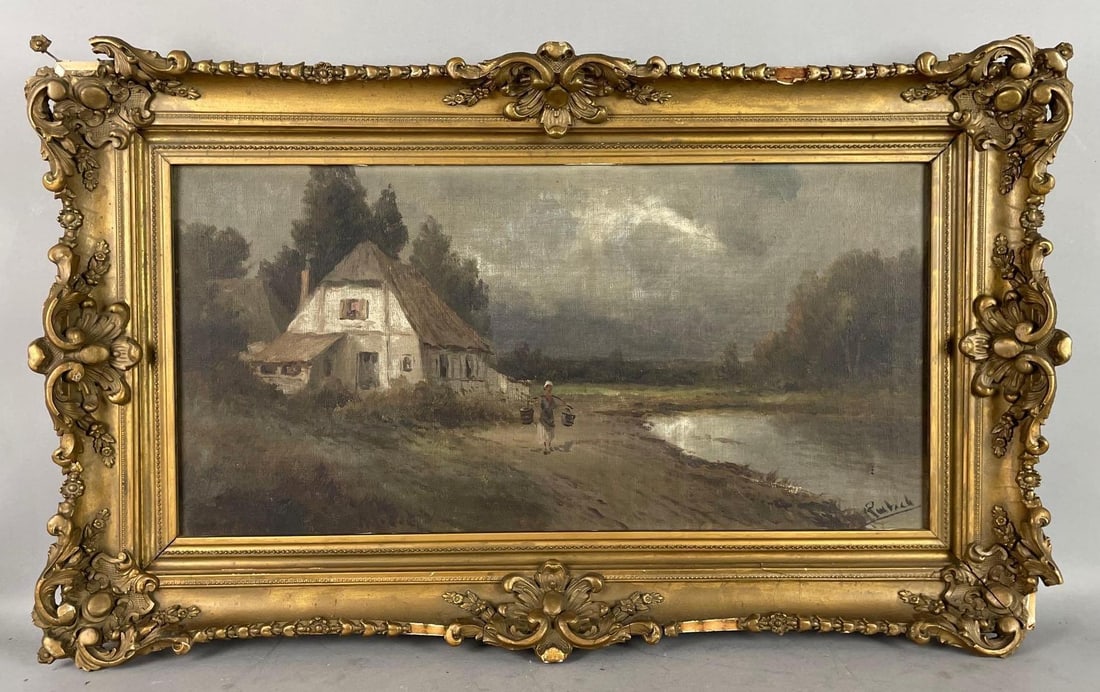 Antique Signed Cottage Scene Oil Painting on Canvas: Possibly signed Rusbach, small hole above signature, damaged gilded frame measures 18 1/4 inches x 30 1/4 inches