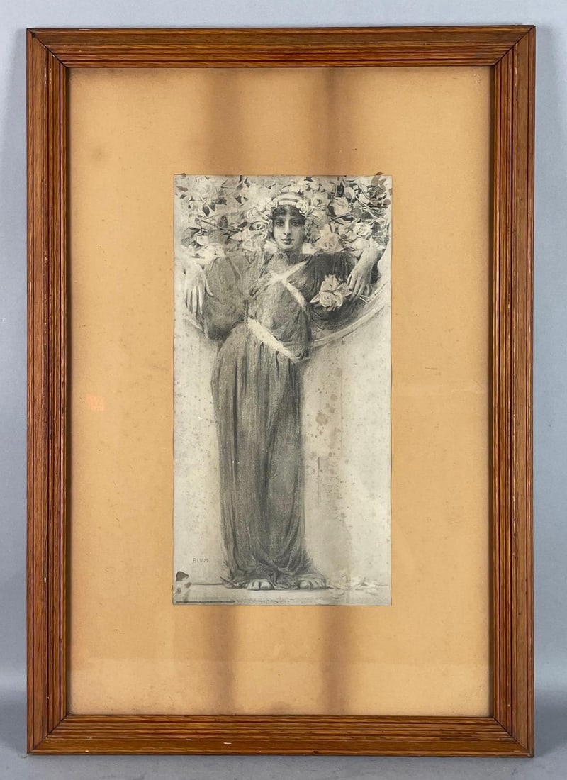 Antique Blum A Garland of Roses (June) Lithograph: Robert Frederick Blum for ladies home journal, litho measures 15 3/4 inches x 8 inches, frame measures 26 1/2 inches x 18 1/2 inches
