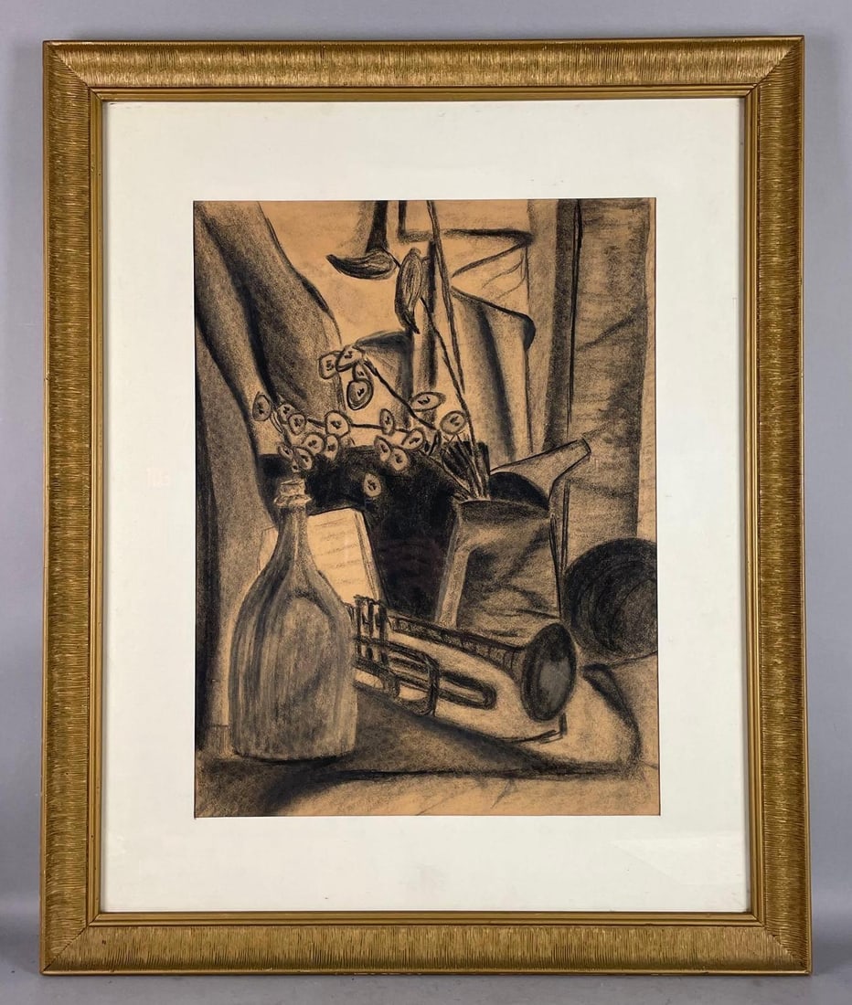 Vintage Charcoal Still Life Drawing on Paper: Flowers, trumpet, bottle, frame measures 33 1/4 inches x 27 1/4 inches