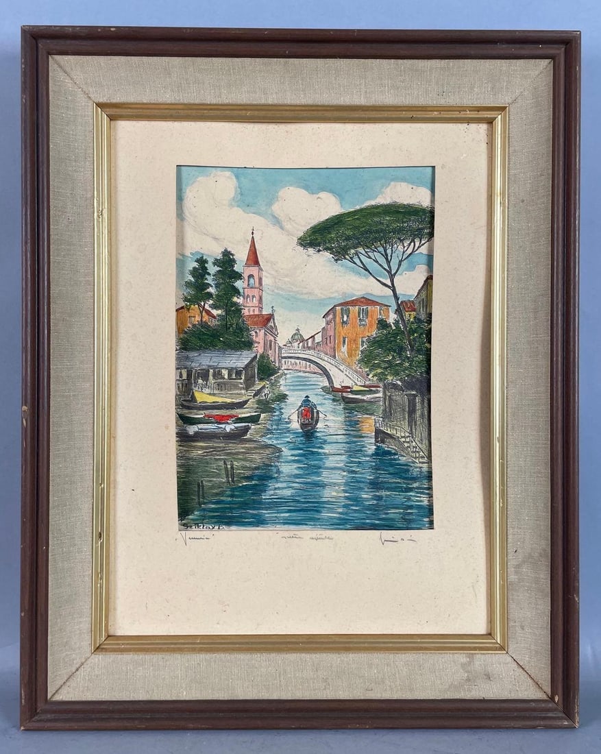 Vintage Bela Sziklay Signed Canals of Venice Hand Colored Etching: Signed in bottom left corner, visible etching measures 11 inches x 8 inches, frame measures 20 inches x 16 inches